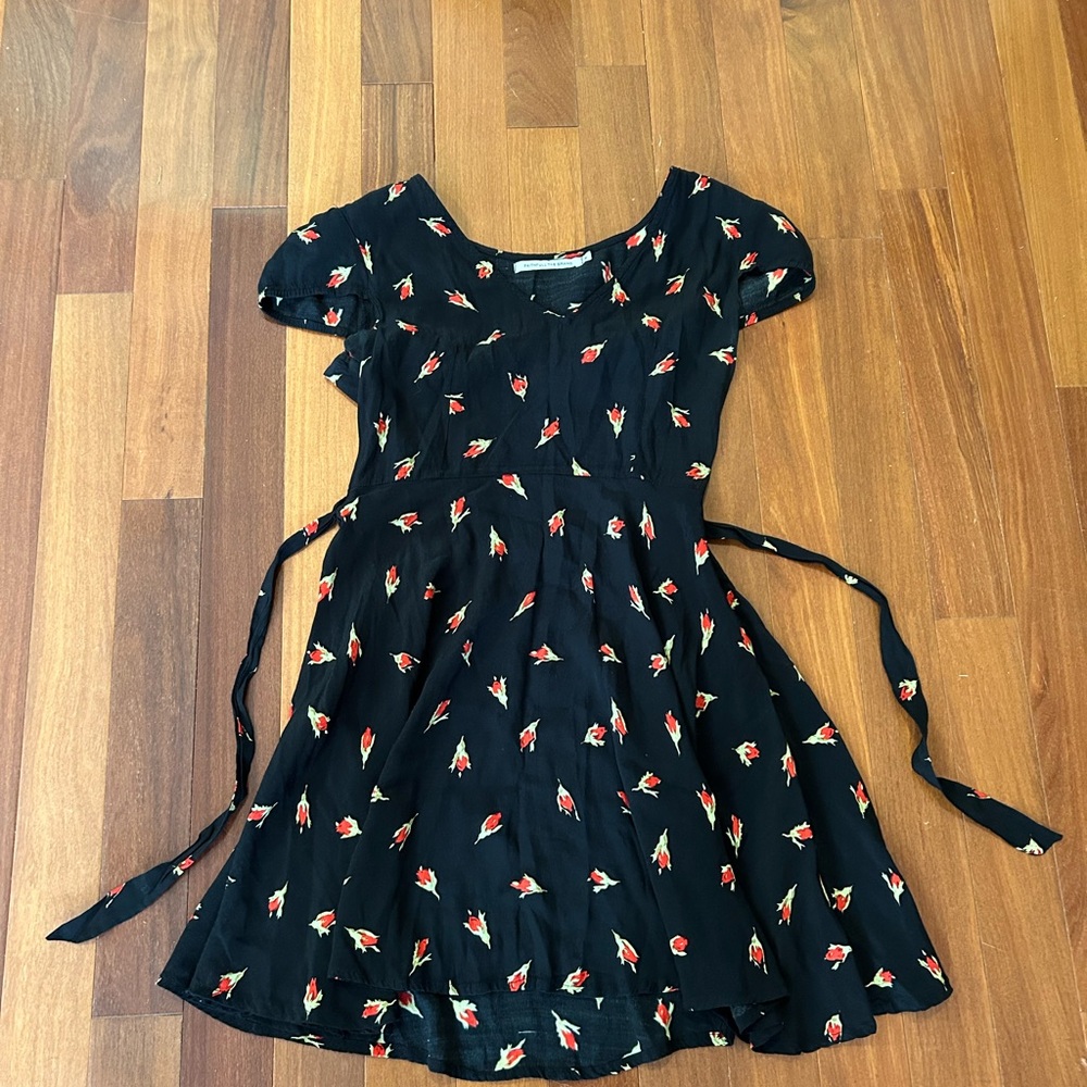 Faithfull the Brand Black Dress with Red and Green Floral Pattern